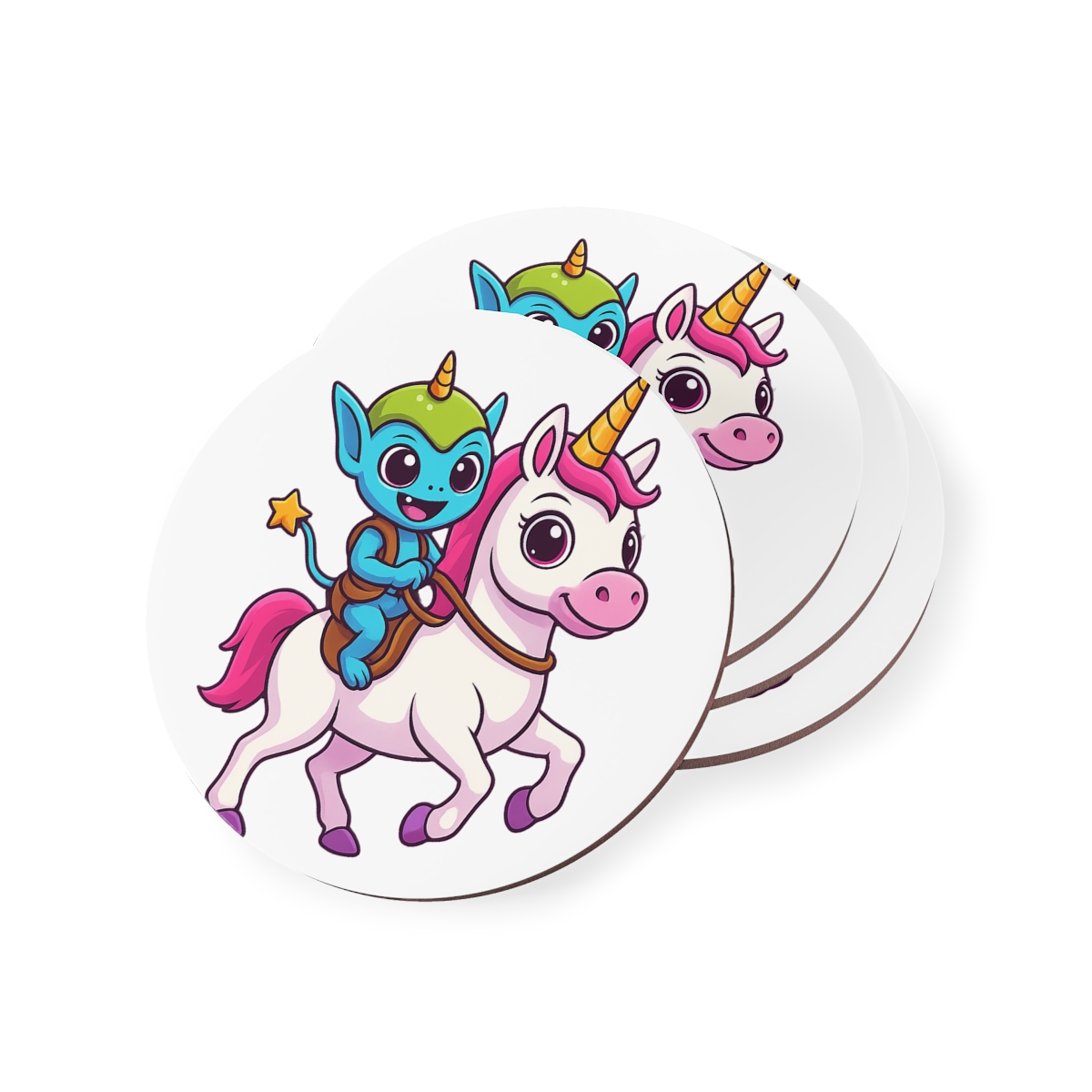 Cute Space Alien Riding Unicorn UFO Glass Coaster - alternate angle 1, merchandise