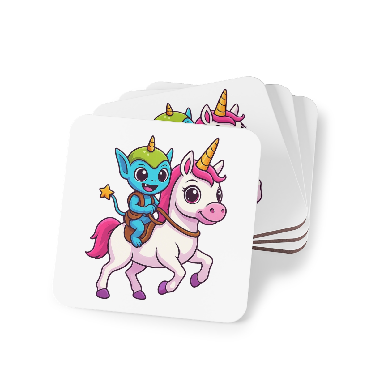 Cute Space Alien Riding Unicorn UFO Glass Coaster - alternate angle 2, merchandise
